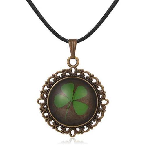 FM FM42 Vintage Style Real Irish Lucky Four Leaf Clover Round Pendant Necklace FN4082