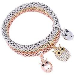 MEIDIJINGBEI 3PCS Gold/Silver/Rose Gold Corn Chain Crystal Charms Multilayer Bracelets for Women