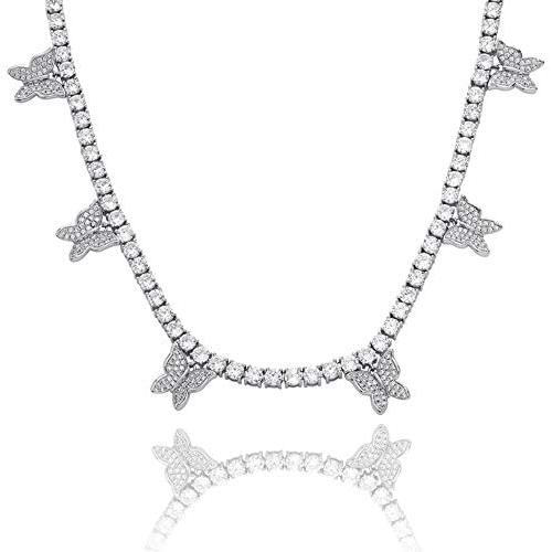 KMASAL Iced Out Bling Butterfly Choker Pendant Necklace 18K Gold Plated with 4mm Tennis Chain Hip Hop Lab Diamond Jewelry for Men Women