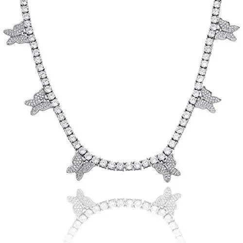 KMASAL Iced Out Bling Butterfly Choker Pendant Necklace 18K Gold Plated with 4mm Tennis Chain Hip Hop Lab Diamond Jewelry for Men Women
