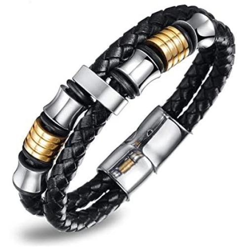 Feraco Men Leather Bracelet With Magnetic Clasp Double-Row Black Multilayer Leather Braided Cuff Wrap Wristbands , 8.66inch