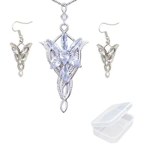 PPX Lord of The Ring Elven Leaf Aragorn Arwen Evenstar Pendant Chain Necklace Princess Chain and Earrings with Transparent Jewelry Box