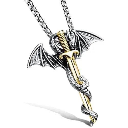 Fusamk Punk Animal Pendant Titanium Steel Sword Wing Dragon Necklace Fusamk Punk Animal Pendant Titanium Steel Sword Wing Dragon Necklace