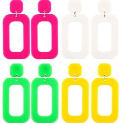 4 Pairs 80s Women Retro Earrings Geometric Dangle Neon Earrings for Party Costume Accessory