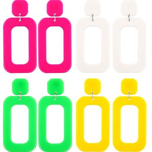 4 Pairs 80s Women Retro Earrings Geometric Dangle Neon Earrings for Party Costume Accessory