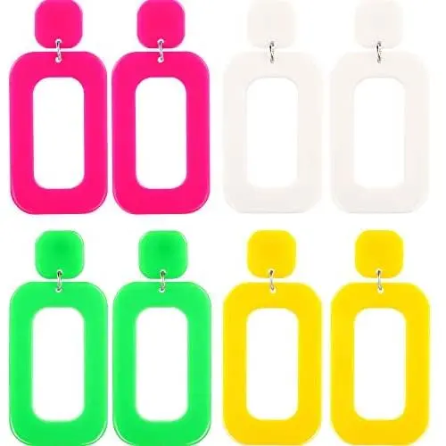 4 Pairs 80s Women Retro Earrings Geometric Dangle Neon Earrings for Party Costume Accessory