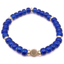 Mens Glass & Brass Stretch Bead Bracelet - Blue