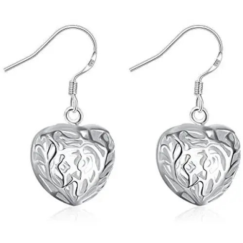 Heart Shaped Filigree Cage Fish Hook S925 Sterling Silver Plated Fashion Dangle Earrings for Women Girls Elegant Love Texture Dangling Jewelry Gifts
