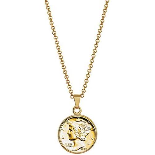 American Coin Treasures Gold-Layered Silver Mercury Dime Goldtone Coin Pendant with 18'' Chain Necklace - Genuine and Elegant Keepsake Jewelry for Women | White Luxury Gift Box Included