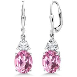 Gem Stone King 925 Sterling Silver Light Pink Created Sapphire Dangle Earrings For Women (6.00 Cttw, Oval 10X8MM)