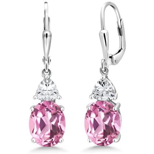 Gem Stone King 925 Sterling Silver Light Pink Created Sapphire Dangle Earrings For Women (6.00 Cttw, Oval 10X8MM)