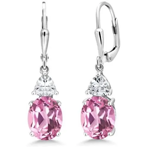 Gem Stone King 925 Sterling Silver Light Pink Created Sapphire Dangle Earrings For Women (6.00 Cttw, Oval 10X8MM) Gem Stone King 925 Sterling Silver Light Pink Created Sapphire Dangle Earrings For Women (6.00 Cttw, Oval 10X8MM)