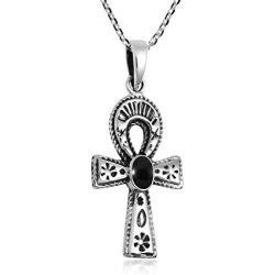 Eternal Life .925 Sterling Silver Egyptian Ankh Simulated Black Onyx Inlay Pendant Necklace