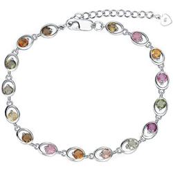 QITIAN 925 Sterling Silver Bracelet - 4.38Ct Oval Mixed Bracelet Birthstone Bracelet Nature Tourmaline Bracelet Christmas Gift For Women Girls, Chain Length 6.7''+1.2'' Extend