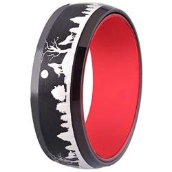 Cloud Dancer 8MM Width Red Black Tungsten Ring Matte Finish Beveled Edges Wedding Band Howling Wolf Wolves Landscape Scene Tungsten Ring -Free Customer Engraving