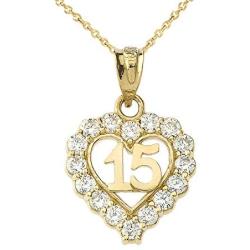 Elegant 10k Yellow Gold Quinceanera Open Heart Charm Pendant Necklace with Cubic Zirconia