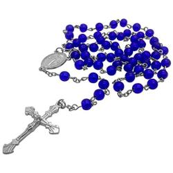 Catholic Rosary Necklace Round Dark Blue Crystal Beads Miraculous Medal & Cross Handmade Long Chaplet