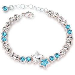 Star Tennis Bracelet for Women , Round Cut Crystal Simulated Aquamrine White Gold Plated Adjustable Chain Jewelry for Birthday Party Wedding Engagement Xmas Gift