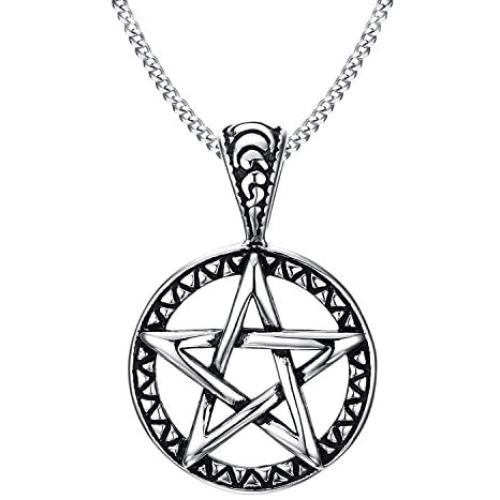 Stainless Steel Powerful Pentacle Necklaces Pentagram, Wicca Traditional Seal of Solomon Pendant, 23.5 Inch Curb Chain