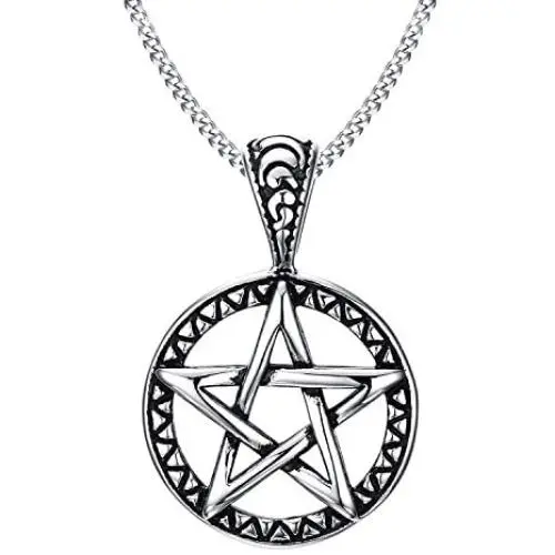 Stainless Steel Powerful Pentacle Necklaces Pentagram, Wicca Traditional Seal of Solomon Pendant, 23.5 Inch Curb Chain