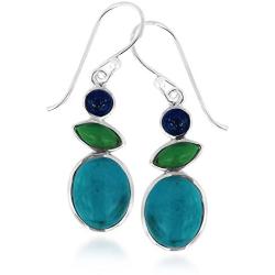 925 Oxidized Sterling Silver Green Blue Turquoise and Lapis Lazuli Stone Dangle Hook Earrings