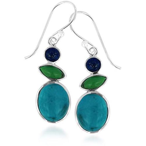 925 Oxidized Sterling Silver Green Blue Turquoise and Lapis Lazuli Stone Dangle Hook Earrings