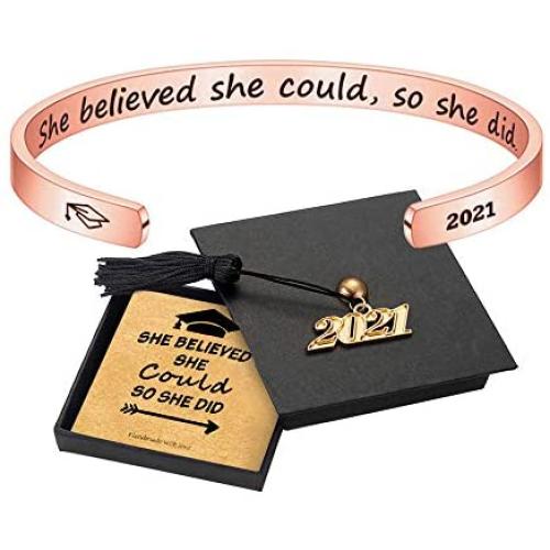 Inspirational Graduation Gifts Cuff Bracelet - Engraved Inspirational Bracelet Cuff with 2021 Graduation Grad Cap She Believed She Could So She Did Bracelet Graduation Friendship Gifts for Her 2021