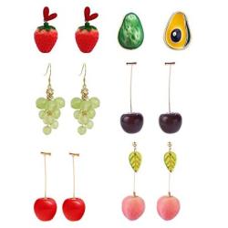 6 Pairs Creative Assorted Cute 3D Fruits Earring Cherry Strawberry Peach Avocado Grape Dangle & Stud Drop Earrings Set for Women Girls