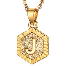 U7 Women Girls Tiny Hexagon initial Necklace Platinum/18K Gold Plated Name Alphabet Jewelry Dainty Letter Pendant Embossed Grain Monogram Necklace A to Z,Custom Engravable on Back Side