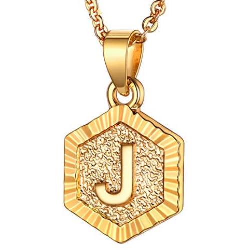 U7 Women Girls Tiny Hexagon initial Necklace Platinum/18K Gold Plated Name Alphabet Jewelry Dainty Letter Pendant Embossed Grain Monogram Necklace A to Z,Custom Engravable on Back Side