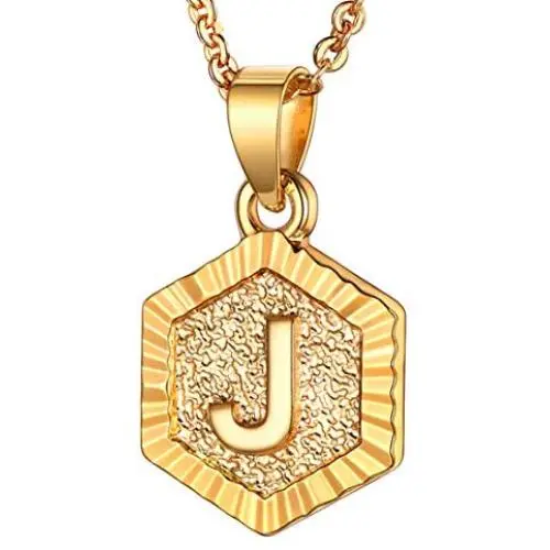 U7 Women Girls Tiny Hexagon initial Necklace Platinum/18K Gold Plated Name Alphabet Jewelry Dainty Letter Pendant Embossed Grain Monogram Necklace A to Z,Custom Engravable on Back Side