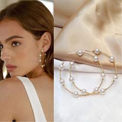 Gold Pearl Hoop Earrings for Women Fashion Lightweight Pearl Earrings Drop Dangle Earrings for Girls Jewelry Gifts