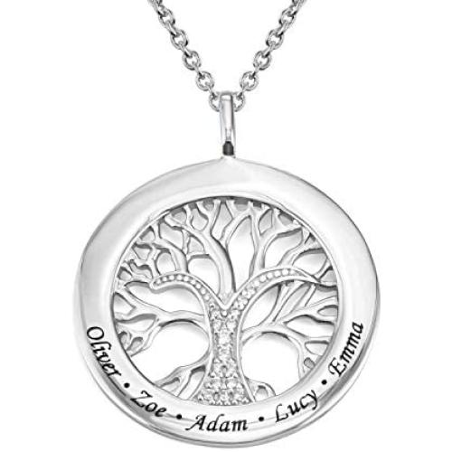 MyNameNecklace Engraved Circle Family Tree Necklace with Clear CZ Stones-Personalized V-Day Jewelry Sterling Silver 925