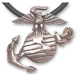 Marines Necklace Pendant - USMC - (Pewter with Black PVC Rope Chain) US Marines Military Logo