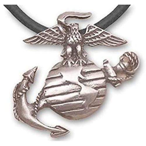 Marines Necklace Pendant - USMC - (Pewter with Black PVC Rope Chain) US Marines Military Logo