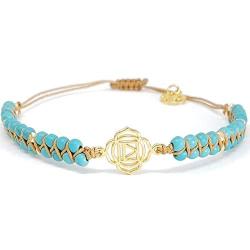 Chakra Bracelet Turquoise Bead Nylon Rope Double Wrap Bracelet for Women Beaded Bracelet Look with Gold Power Chakra Charm, Energy Bracelet Adjustable 6.5''-8.5''