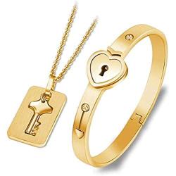 Lock and Key Bracelet and Necklace Set, His& Hers Matching Set Plated Titanium Love Lock Set Couple Heart Bangle Bracelet Lock Key Pendants