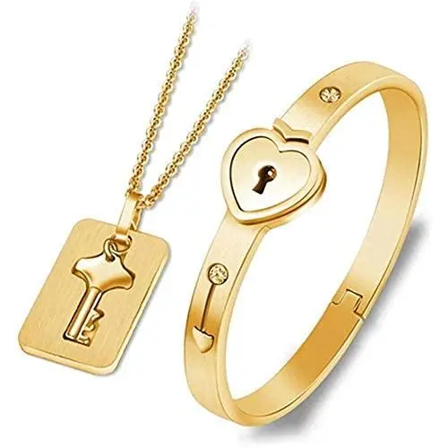 Lock and Key Bracelet and Necklace Set, His& Hers Matching Set Plated Titanium Love Lock Set Couple Heart Bangle Bracelet Lock Key Pendants Lock and Key Bracelet and Necklace Set, His& Hers Matching Set Plated Titanium Love Lock Set Couple Heart Bangle Bracelet Lock Key Pendants