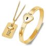 Lock and Key Bracelet and Necklace Set, His& Hers Matching Set Plated Titanium Love Lock Set Couple Heart Bangle Bracelet Lock Key Pendants