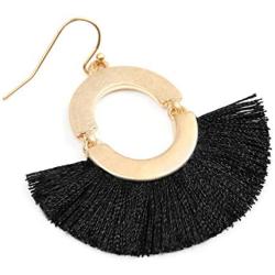 Bohemian Fan Fringe Thread Tassel Drop Earrings - Statement Half Circle, Clover Leatherette, Flower, Quatrefoil Chandelier Dangles