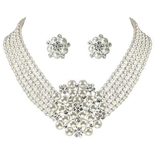 Audrey Hepburn style Faux Pearl Necklace Set Strand Ear clip Wedding Breakfast at Tiffanys for Women NL-001