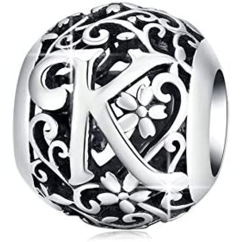 BAMOER 925 Sterling Silver Letter Retro Charms Openwork Alphabet Round Beads Fit Pandora Bracelet