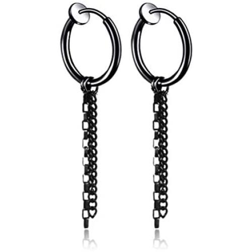 Fusamk Fashion Stainless Steel Long Chain Dangle Earrings Tube Clip On Earrings
