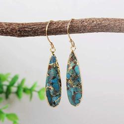 ZENGORI 1 Pair Long Teardrop Natural Turquoise with Line Fish Hook Drop Dangle Earrings