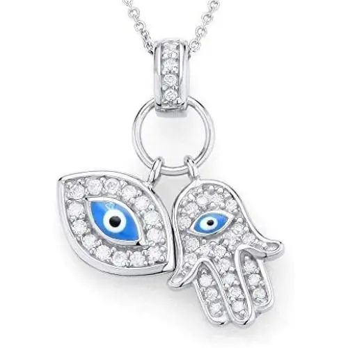 925 Sterling Silver Womens Evil Eye Hamsa Blue White CZ Pendant Necklace 925 Sterling Silver Womens Evil Eye Hamsa Blue White CZ Pendant Necklace