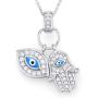 925 Sterling Silver Womens Evil Eye Hamsa Blue White CZ Pendant Necklace