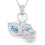 925 Sterling Silver Womens Evil Eye Hamsa Blue White CZ Pendant Necklace 925 Sterling Silver Womens Evil Eye Hamsa Blue White CZ Pendant Necklace