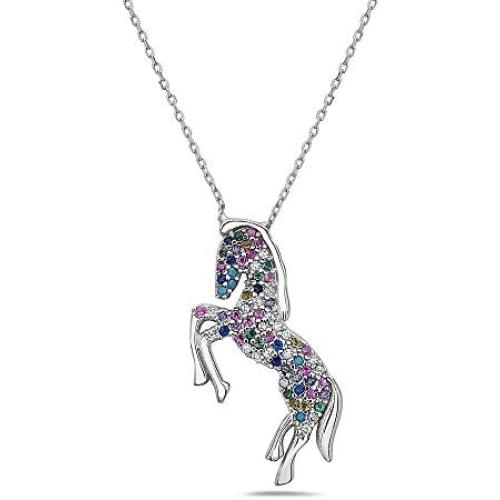 925 Sterling Silver Rainbow Unicorn Pendant Necklace- Fine Sterling Silver Jewelry- 17'' Cable Chain