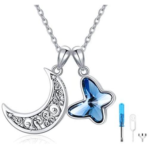 AOBOCO Urn Necklace for Ashes Sterling Silver Crescent Moon Pendant Cremation Memorial Keepsake Pendant with Blue Heart Crystal