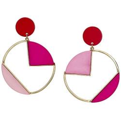 Fashion Color Collection Gold-tone geometric circle drop multi pink post earrings.